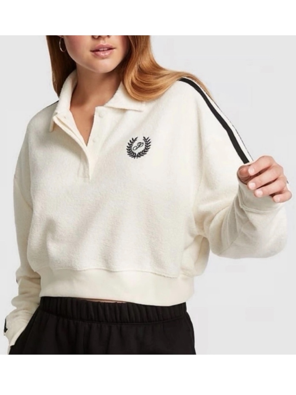 PINK Victoria's Secret Cream Sherpa Cropped Pullover with Black Stripes